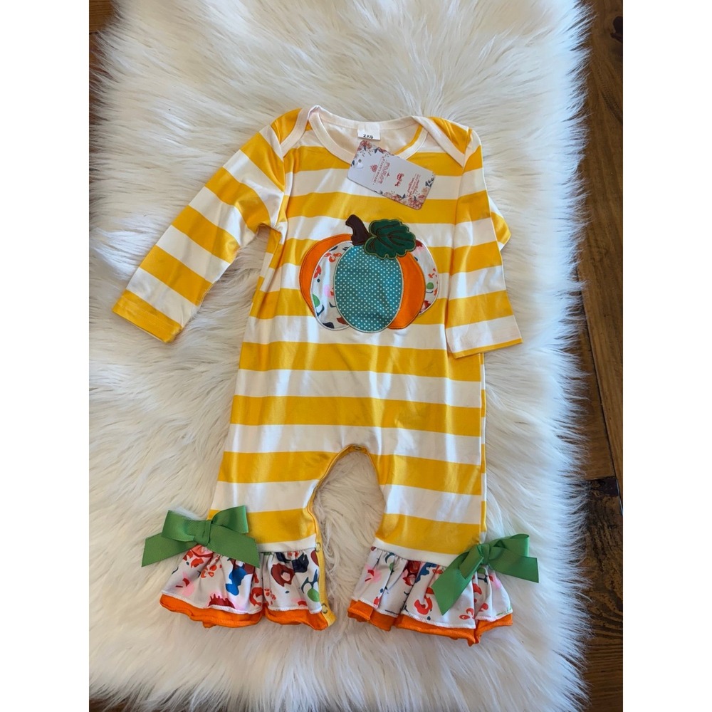 Yellow striped pumpkin applique‎ one piece 18/24m